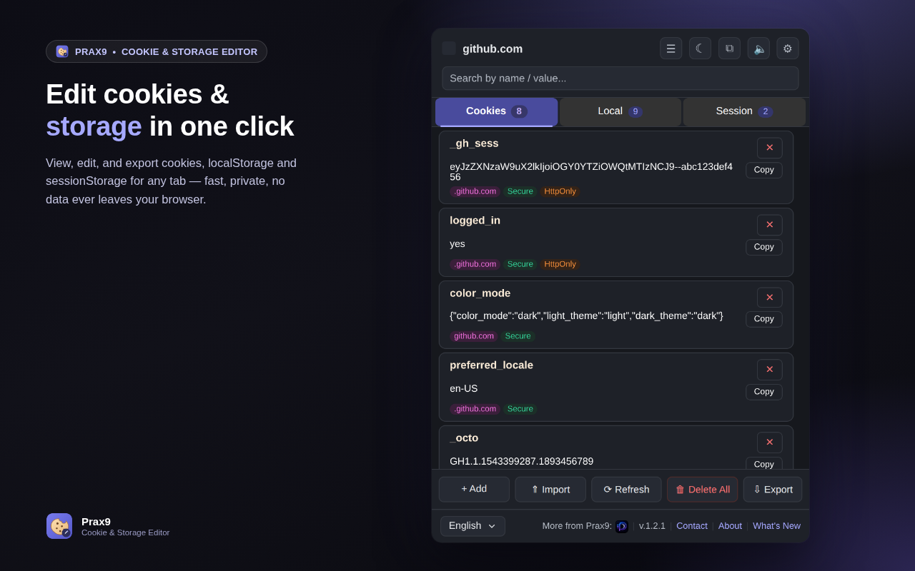 Prax9 Cookie & Storage Editor screenshot 1