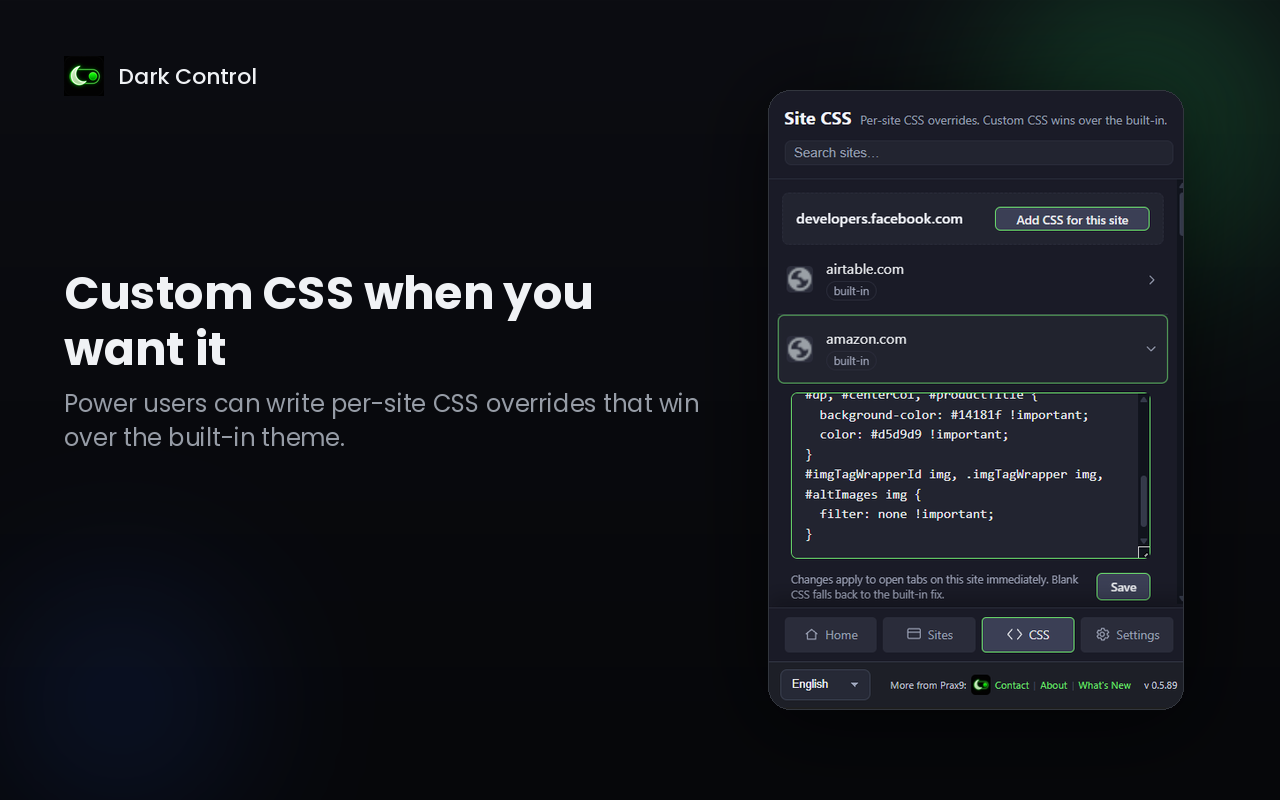Per-site custom CSS editor
